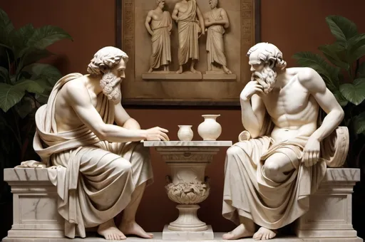 Prompt: (Classical Greek art) philosophers engaged in discussion, statues of Socrates, Plato, Aristotle, intricately detailed, lifelike marble textures, warm ambient lighting creating evocative shadows, harmonious arrangements, historical atmosphere, lush greenery in the background, muted earthy tones, 4K, ultra-detailed masterpiece, capturing wisdom and intellect, serene and contemplative mood.