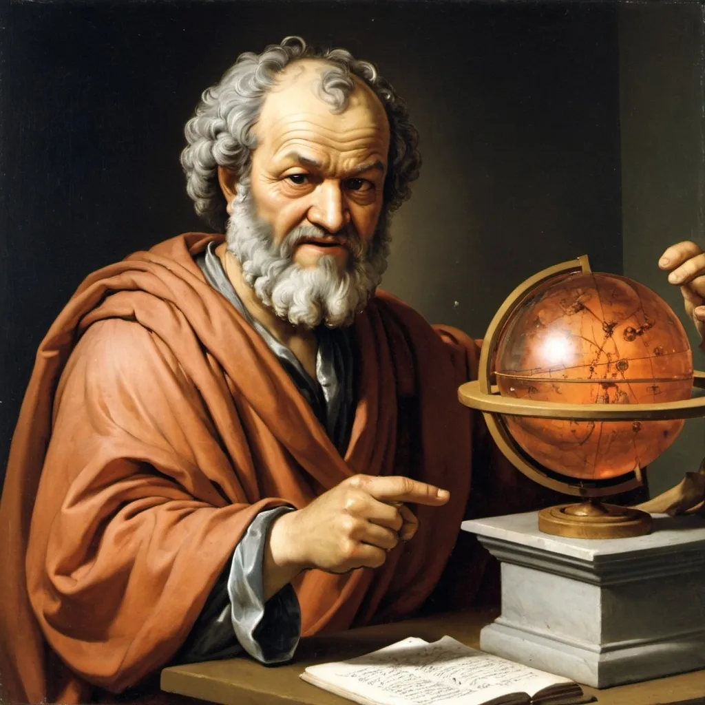 Prompt: Democritus the Philosopher teaching atomic theory 