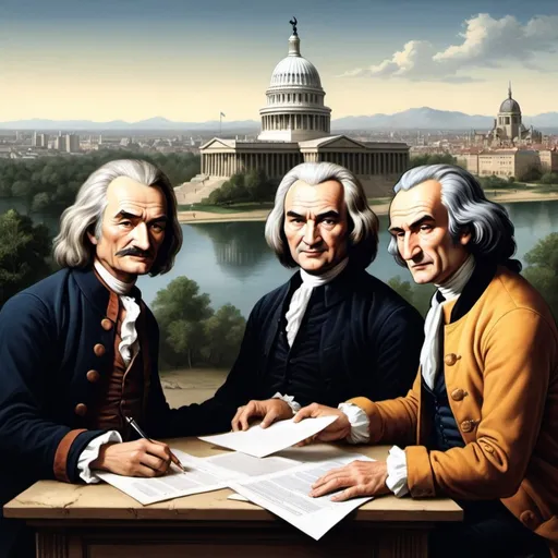 Prompt:  illustrate the evolution of political philosophy by depicting Thomas Hobbes, John Locke, and Jean-Jacques Rousseau engaged in a discussion. Hobbes will be shown with a model of a state or ruler, Locke with a document representing natural rights, and Rousseau with a symbol of the general will. The background will feature a modern cityscape or a symbolic government building, connecting these historical ideas with contemporary governance. The color scheme will blend formal, authoritative tones like dark blues, grays, and golds to convey the gravity of political philosophy and governance.