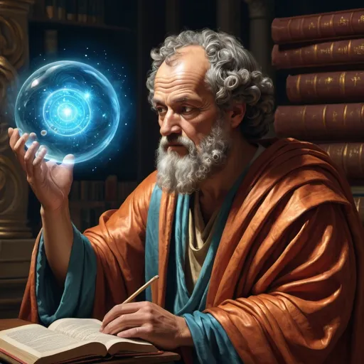 Prompt: (Democritus the Philosopher), ancient Greek background, vibrant colors depicting thought and enlightenment, (contemplative expression), wearing a philosopher's robe, interacting with atoms represented as floating orbs, serene ambiance reflecting philosophical depth, (highly detailed), atmospheric lighting, evoking curiosity and wisdom, classic art style influenced by Renaissance, 4K resolution, holding scrolls of ancient texts, symbolizing knowledge and discovery.