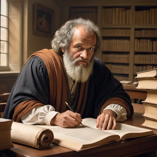 Prompt: (Democritus the Philosopher Teaching a student), rich historical academic atmosphere, (ultra-detailed), warm and inviting light, capturing engagement and curiosity, ancient scrolls scattered around, detailed classroom with wooden desks, philosophical discussions, vintage attire, muted earthy tones, expressions of wisdom and contemplation, emphasis on the exchange of knowledge, classical architecture in the background creating a timeless setting.