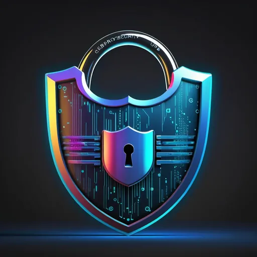 Prompt: (shield symbol), padlock for encryption, network nodes representing connectivity, computer displaying code, (cybersecurity theme), modern design, sleek lines, vibrant colors against a muted background, high-tech ambiance, (professional), ultra-detailed, 4K resolution, emphasis on security and technology concepts, visually striking and relevant elements integrated seamlessly.