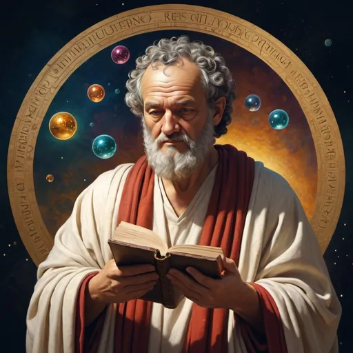 Prompt: (Democritus the Philosopher), ancient Greek background, vibrant colors depicting thought and enlightenment, (contemplative expression), wearing a philosopher's robe, interacting with atoms represented as floating orbs, serene ambiance reflecting philosophical depth, (highly detailed), atmospheric lighting, evoking curiosity and wisdom, classic art style influenced by Renaissance, 4K resolution, holding scrolls of ancient texts, symbolizing knowledge and discovery.