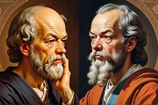 Prompt: (A vibrant split image), ancient philosopher Socrates on the left, featuring classic robes and thoughtful expression, modern philosopher Immanuel Kant on the right, dressed in a contemporary suit and pondering, rich background of philosophical symbols, warm tones blending into cool tones, powerful dialogue between eras, (ultra-detailed), artistic representation of thought, contrasting styles creating a compelling visual narrative.