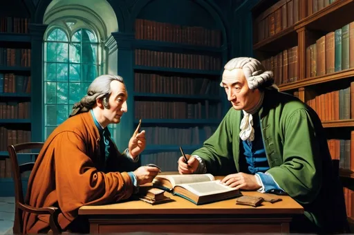 Prompt: The image depicts John Locke and David Hume engaged in a thoughtful debate in a study room filled with philosophical texts and scientific instruments. Locke is shown with books representing sensory experiences, while Hume is depicted with symbols of doubt and inquiry. The background features a library setting with a balanced color palette of deep blues, greens, and browns, evoking a reflective and intellectual atmosphere.