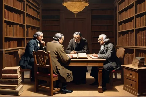 Prompt: Create a landscape image featuring three key modern philosophers in a symbolic setting. In the foreground, depict René Descartes seated at a desk with a quill and book, representing his focus on consciousness. In the middle ground, include Immanuel Kant standing beside a large book or compass, symbolizing his emphasis on moral autonomy and rational principles. In the background, show Jean-Paul Sartre sitting on a bench or an empty chair, reflecting existential freedom and the quest for meaning. Set the scene in a serene library or study room with bookshelves and soft, warm lighting to evoke a contemplative atmosphere. Use rich browns, golds, and deep reds to create a timeless and introspective mood.