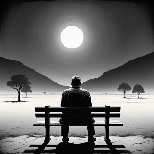 Prompt: depict a dramatic, reflective scene with Jean-Paul Sartre seated on a solitary bench, his contemplative expression symbolizing existential freedom and the search for meaning. The background will feature a stark, empty landscape or an abstract representation of an indifferent universe, with vast, open spaces to evoke a sense of isolation and freedom. The color scheme will use muted tones contrasted with dark and light elements, capturing the struggle and introspection central to existentialism.