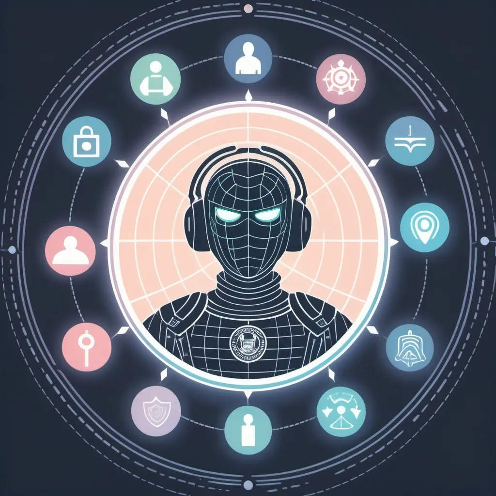 Prompt: Calm (stylized figure) stands at the center, surrounded by six (glowing icons) representing Homeland Security functions: (counterterrorism, border security, cybersecurity, immigration, transportation), soft pastel colors, faint grid design, serene atmosphere, balanced composition, protective vibe, ultra-detailed, 4K resolution, soothing and harmonious aesthetic.