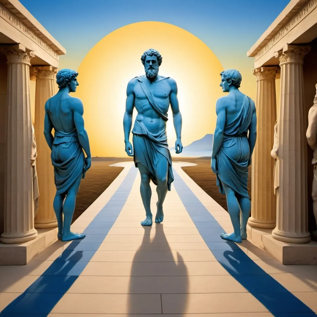 Prompt:  depict a pathway representing the evolution of philosophical thought, beginning with statues of ancient Greek philosophers like Plato and Aristotle on one side and transitioning to modern thinkers like Descartes and Kant on the other. The pathway leads to a horizon with a sunrise, symbolizing enlightenment and the continuity of philosophical inquiry. The color gradient from warm golds to cool blues represents the unity between ancient and modern ideas, encapsulating the timeless dialogue between these philosophical traditions.
