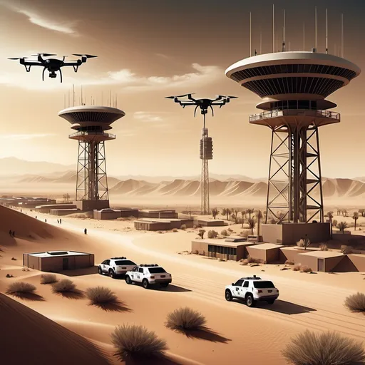 Prompt: (vast desert scene), (high-tech fence), (surveillance towers), drones patrolling the sky, ground sensors detecting movement, border patrol agents monitoring with biometric scanners, command center displaying live feeds, (futuristic technology), (high detail), (dramatic lighting), warm sandy tones contrasting with cool metallic elements, (intense atmosphere) showcasing the blend of human vigilance and advanced technological elements in a harsh environment.