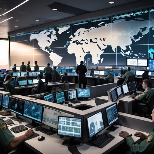 Prompt: (high-tech DHS command center), (advanced technology), live data feeds, cybersecurity monitoring, intelligence sharing, border patrol agents, drone surveillance, FEMA disaster response, flood and wildfire management, collaborative professionals, cybersecurity experts, research teams, immigration specialists, detailed background images, dynamic atmosphere, modern, ultra-detailed, HD, cinematic lighting, engaging ambiance reflecting urgency and teamwork.