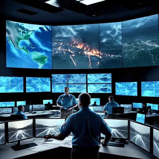 Prompt: (A FEMA disaster response team in action), drones soaring overhead, real-time data on digital screens, urgent coordination amidst flooded areas and wildfires, atmosphere of determination and urgency, background featuring climate change analysts with maps and blueprints, urban planners discussing strategies, dramatic lighting reflecting chaos, (highly detailed), (4K), vivid colors capturing the essence of urgency and action.