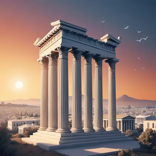 Prompt: The image will blend ancient Greek columns with a modern cityscape, symbolizing the connection between past and present philosophies. In the foreground, symbols of key philosophers from both eras, such as Plato and Descartes, will illustrate their lasting influence. The background will feature a smooth gradient transitioning from classical to modern colors, representing the ongoing dialogue between different philosophical traditions.