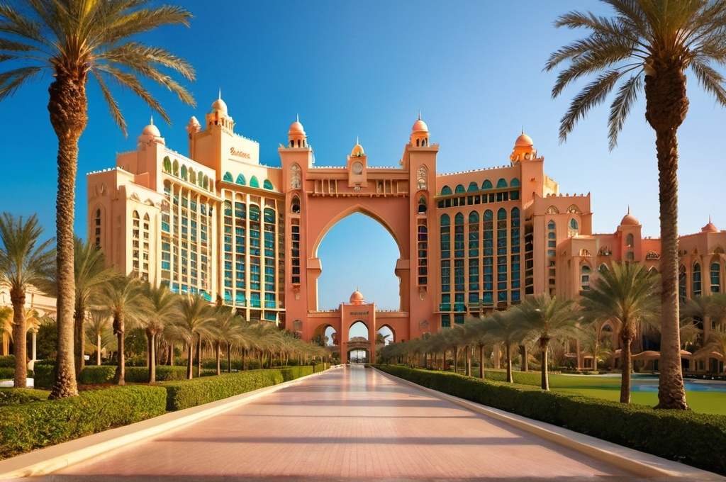 Prompt: Create an image of Atlantis The Palm, the luxurious hotel in Dubai, with its iconic architecture and stunning location on the Palm Jumeirah island. Show the grand entrance with palm trees lining the pathway and the majestic facade of the hotel. Include the sparkling Arabian Gulf in the background and a bright, sunny sky. Add a few guests lounging by the pristine beach and swimming pools, enjoying the luxurious amenities and serene surroundings.