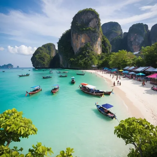 Prompt: Create a vibrant scene of Phi Phi Island Beach filled with tourists wearing colorful clothes. The beach should have pristine white sand and clear turquoise waters. Include various beach activities like sunbathing, swimming, playing volleyball, and lounging under colorful beach umbrellas. Add a few beachside cafes and shops in the background, with the iconic limestone cliffs and lush greenery of Phi Phi Island visible. The overall atmosphere should be lively and joyful, capturing the essence of a busy, tropical paradise.