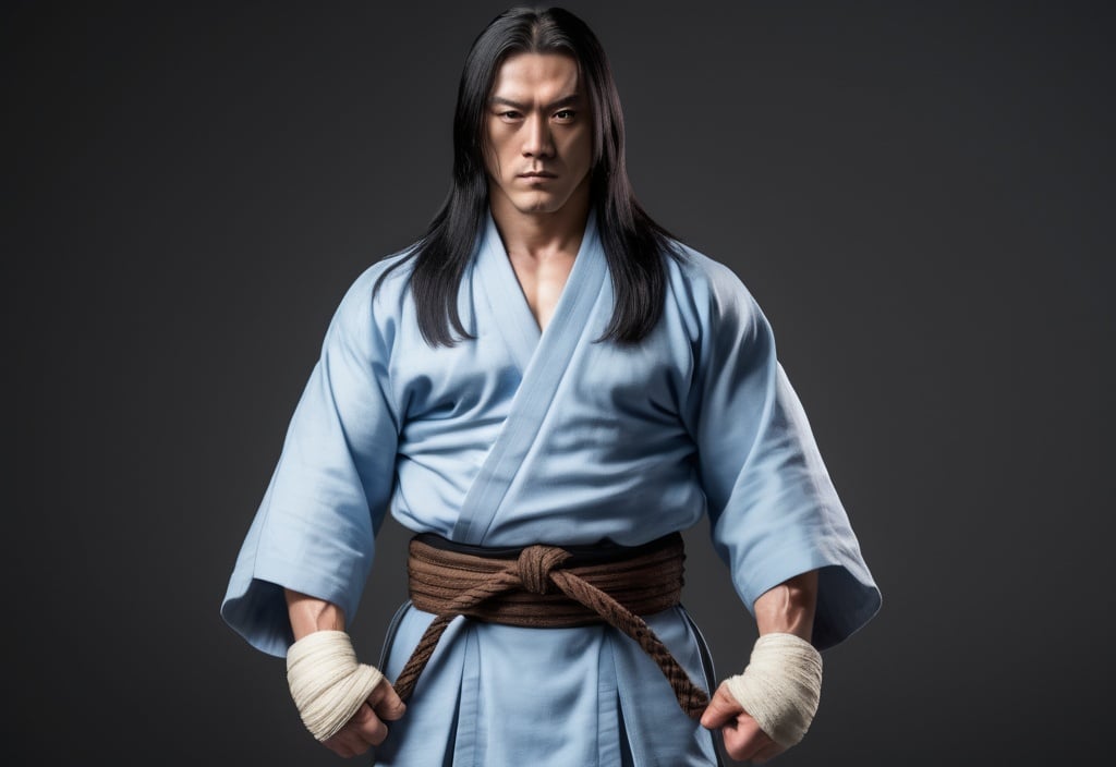 Prompt: Male, martial arts expert with a long black hair, monk, armless kimono, big necklace, turkish looking, bandage gloves, big muscle, full body shot