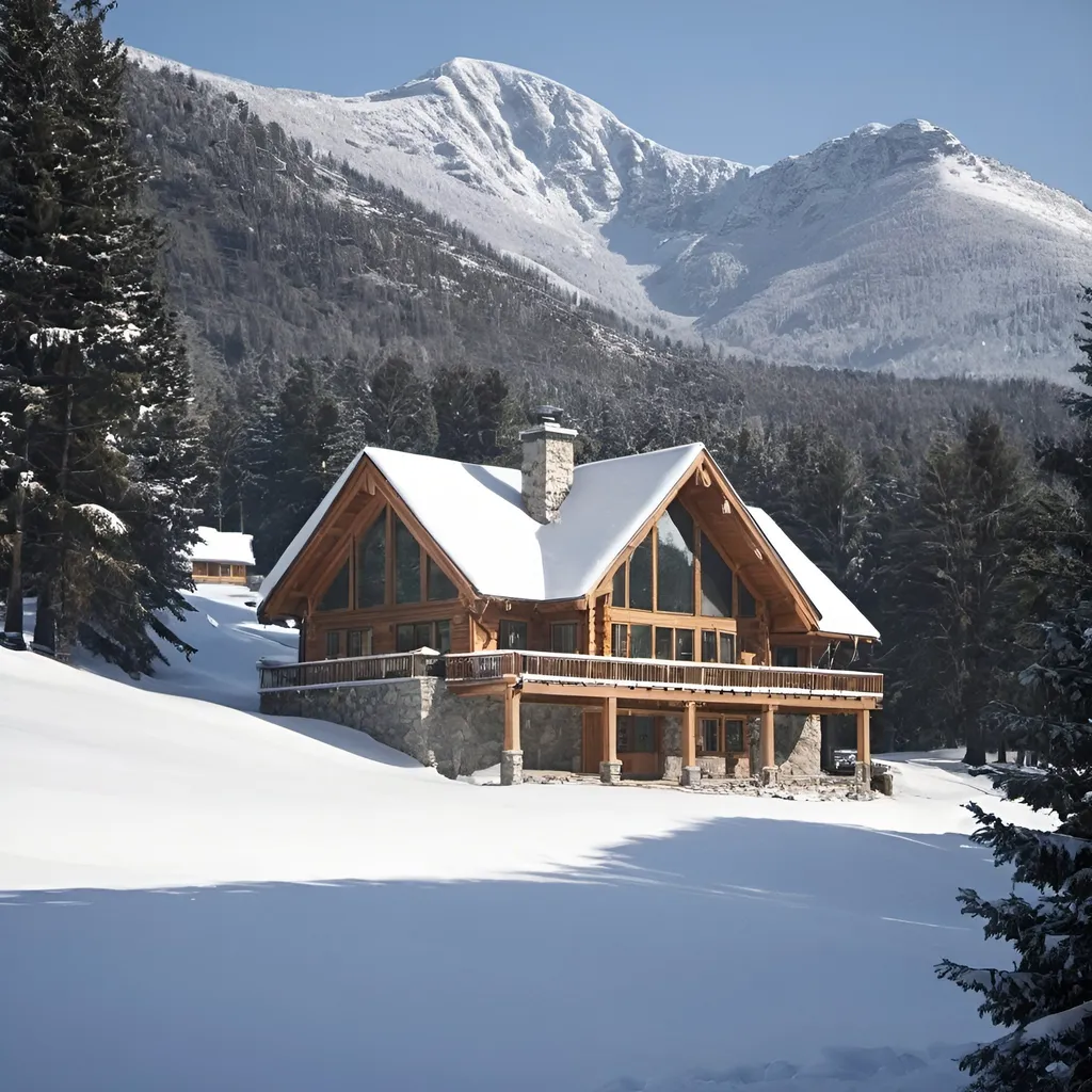 Prompt: a snowy mountain house