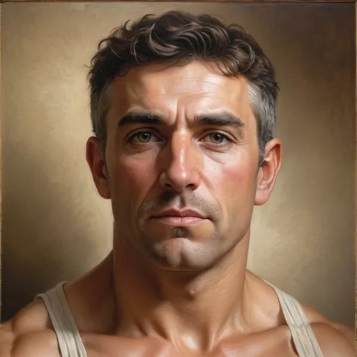 Prompt: Muscular gentleman portrait painting, oil on canvas, detailed facial features, William-Adolphe Bouguereau style, realistic lighting and shadows, high quality, classical art, warm tones, intricate brushwork, detailed anatomy, traditional art, intense gaze, realistic textures, professional artwork