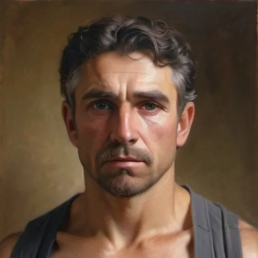 Prompt: Muscular gentleman portrait painting, oil on canvas, detailed facial features, William-Adolphe Bouguereau style, realistic lighting and shadows, high quality, classical art, warm tones, intricate brushwork, detailed anatomy, traditional art, intense gaze, realistic textures, professional artwork