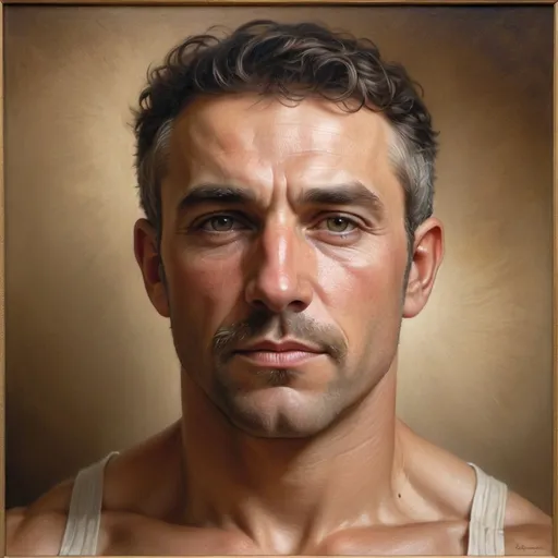 Prompt: Muscular gentleman portrait painting, oil on canvas, detailed facial features, William-Adolphe Bouguereau style, realistic lighting and shadows, high quality, classical art, warm tones, intricate brushwork, detailed anatomy, traditional art, intense gaze, realistic textures, professional artwork