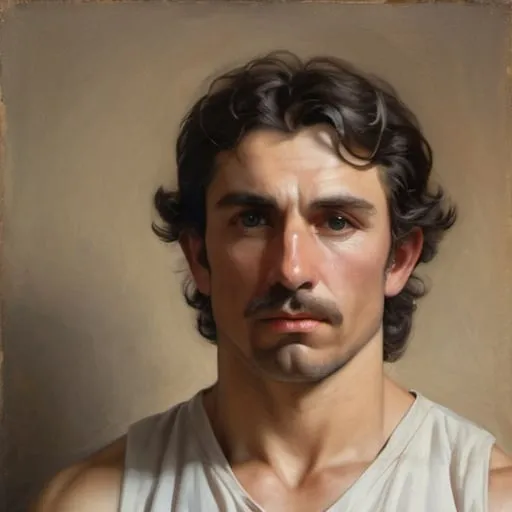 Prompt: Muscular gentleman portrait painting, oil on canvas, detailed facial features, William-Adolphe Bouguereau style, realistic lighting and shadows, high quality, classical art, warm tones, intricate brushwork, detailed anatomy, traditional art, intense gaze, realistic textures, professional artwork