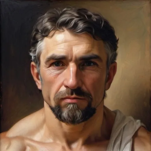 Prompt: Muscular gentleman portrait painting, oil on canvas, detailed facial features, William-Adolphe Bouguereau style, realistic lighting and shadows, high quality, classical art, warm tones, intricate brushwork, detailed anatomy, traditional art, intense gaze, realistic textures, professional artwork