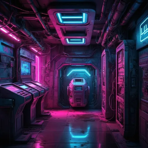 Prompt: (bunker in cyberpunk style), vibrant neon lights glowing in electric blues and pinks, intricate circuitry patterns on the walls, futuristic technology and gadgets scattered, dimly lit atmosphere with a sense of mystery, urban textures and elements like rusted metal and glass, contrasting shadows, detailed environment showcasing advanced machinery, ultra-detailed, high quality.