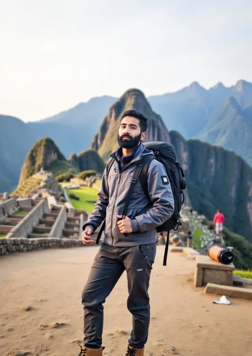 Prompt: photorealistic bearded male 43d1fd54 with black hair, full beard, gray jacket, black backpack strap posing for a candid photo in front of a famous landmark (such as the Eiffel Tower, Machu Picchu, or the Taj Mahal), dressed in backpacker style with a casual outfit, sturdy hiking boots, and a well-worn backpack, joyful and adventurous expression, wind in their hair or sun on their face, scenic background capturing the beauty and scale of the location, soft natural lighting (golden hour or bright daylight), travel adventure theme, subtle dust or lens flare for atmosphere, other travelers or locals in the distant background, sense of freedom and wanderlust, storytelling composition that evokes exploration and discovery.