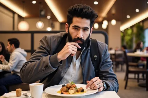 Prompt: photorealistic bearded male 43d1fd54 with black hair, full beard, gray jacket, black backpack strap tasting gourmet cuisine at a stylish, upscale restaurant, seated at a beautifully set table with elegant plating, mid-bite with a look of delight and curiosity, close-up shot focused on facial expression and dish details, food blogging theme, soft warm ambient lighting with a cozy golden glow, blurred background showing tasteful interior décor (wood accents, hanging lights, greenery), steam rising from the dish, a drink or side dish artfully placed nearby, subtle bokeh effect, cinematic and appetizing composition, inviting and intimate atmosphere.
