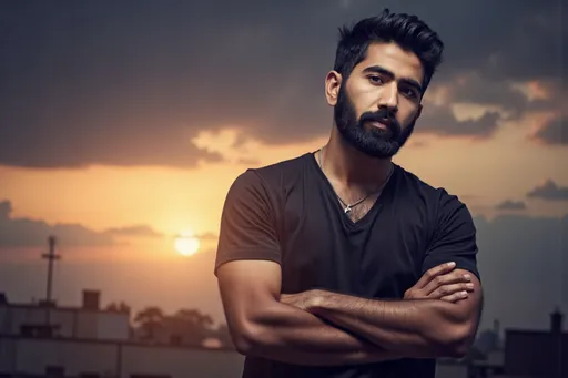 Prompt: A striking portrait of a rugged male character, embodying the essence of @iq22aLOYZbG4f7I6HhqJ. He stands confidently, with a well-groomed beard and intense eyes that draw the viewer in. The background features a dramatic sunset, casting warm, golden hues that contrast with the cool shadows around him. His posture is relaxed yet assertive, with arms crossed over his chest, suggesting a sense of strength and calm. Soft rays of light illuminate his face, highlighting the texture of his skin and the details of his beard. The atmosphere is charged with a sense of adventure, hinting at untold stories behind his gaze.