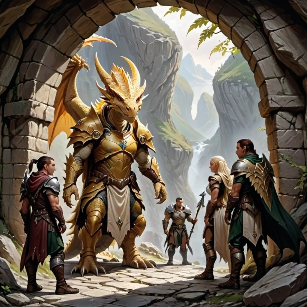 Prompt: A group of DND adventurers consisting of a dragon born ranger, an elf rogue, a goliath barbarian, an aasimar druid and an aasimar cleric, standing at the base of a crumbling stone archway, marking the entrance to a narrow mountain path.