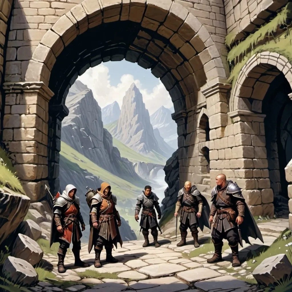 Prompt: A group of DND adventurers standing at the base of a crumbling stone archway, marking the entrance to a narrow mountain path.