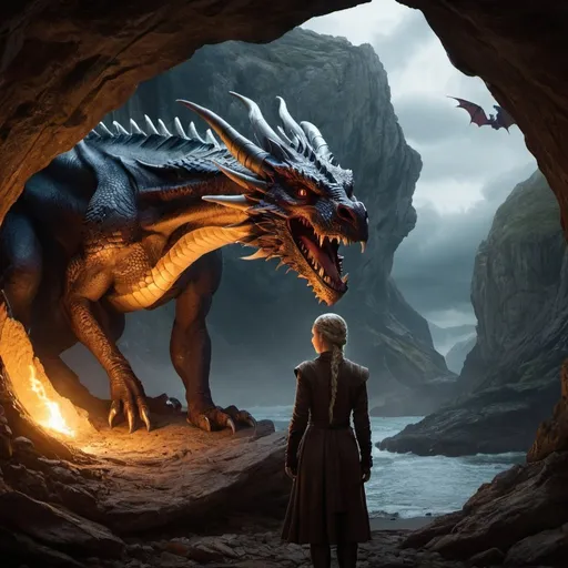 Prompt: Danaias Stormborn With her Dragon Lurking from a cave