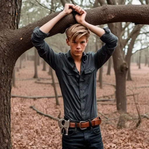 Prompt: <mymodel> Apply handcuffs to both wrists to tree branch, above his head. add jasper tugging on his belt buckle. While he’s helplessly restrained