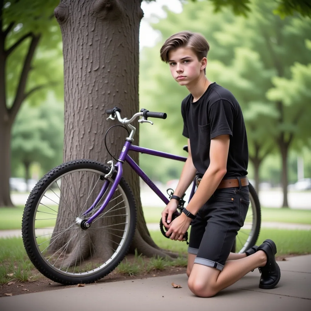 Prompt: Kneeling next to his bicycle wearing handcuffs 