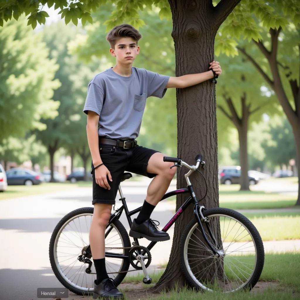 Prompt: Stand  next to his bicycle handcuffed to tree