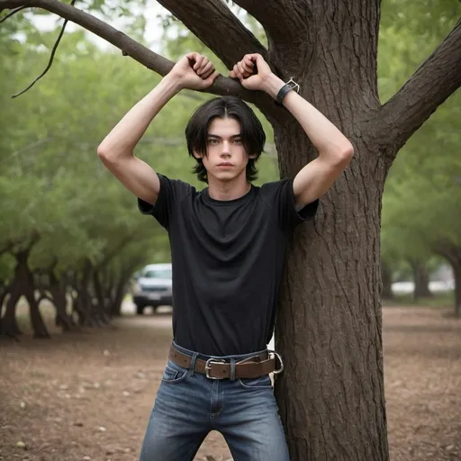 Prompt: <mymodel>full body photo of 20 year old boy with dark straight hairhandcuffed to tree branch over his head
Show whole body head to toe
Shirt wide open
No belt
No shoes
Show entire body 
Full body picture
Show head to tow all of him