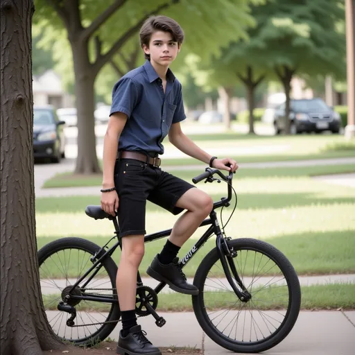 Prompt: Stand  next to his bicycle handcuffed to tree