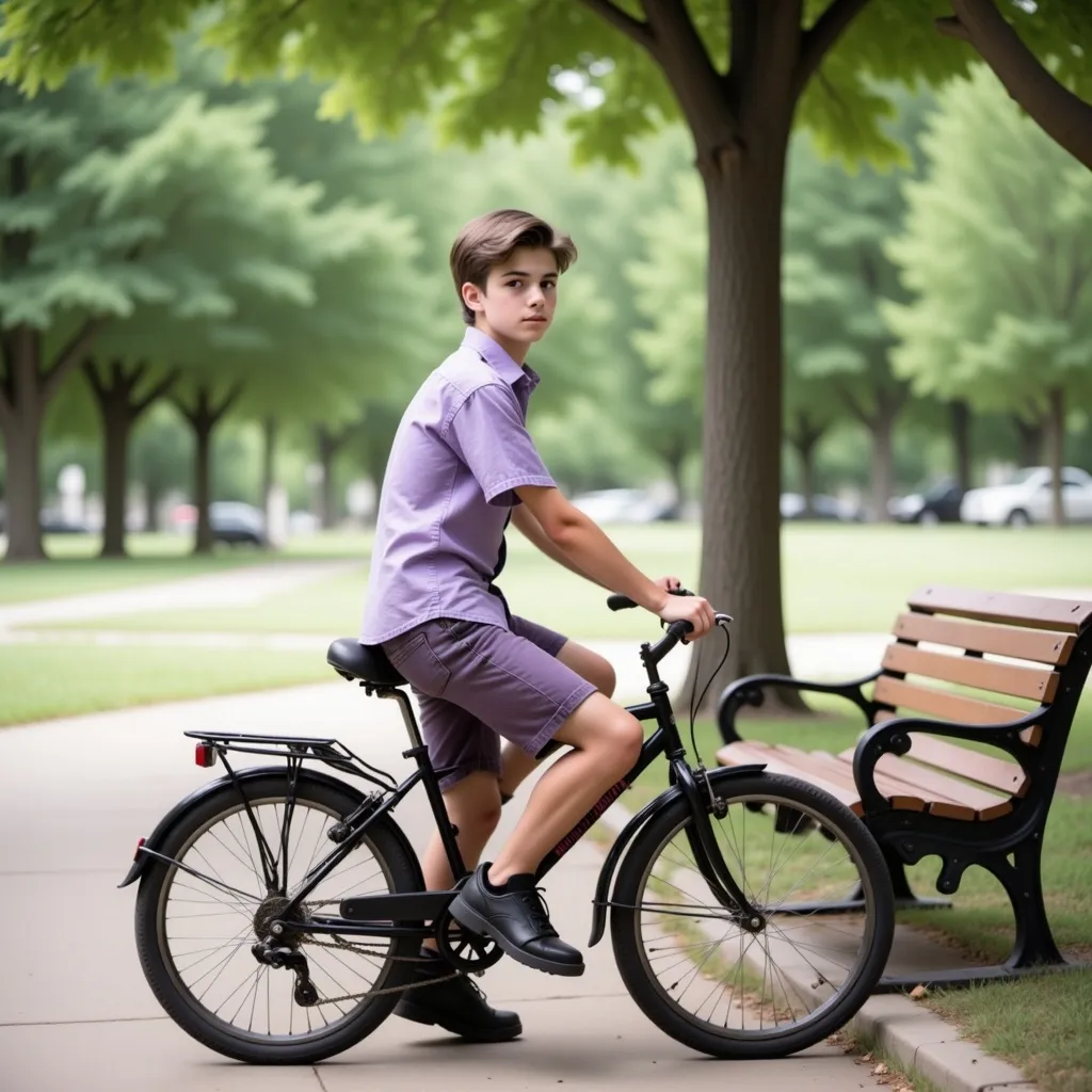 Prompt: Kneeling next to his bicycle by a park bench 