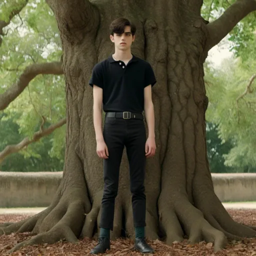 Prompt: <mymodel><mymodel> 20 year old boy with dark straight hair, black pants, dark shirt tucked in, black belt and shoes standing under tree.
Handcuffed to tree branch, man standing behind him
Both hands handcuffed to tree branck