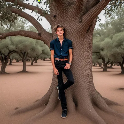 Prompt: <mymodel> <mymodel> A dignified port of Jaspper standing his back to a tree wearing black knee length jean shorts, dark blue shirt tucked in, black belt and shoes.
Handcuffed to tree branch above his head