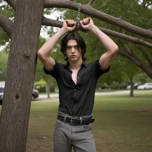 Prompt: <mymodel>full body photo of 20 year old boy with dark straight hair handcuffed to tree branch over his head
Show whole body head to toe
Shirt cut or ripped open
Belt unbuckled and hanging down
Pants unbuttoned
Zipper down