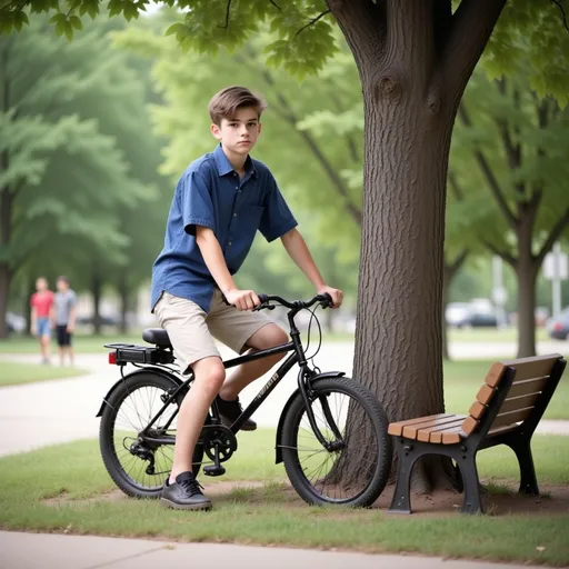 Prompt: Kneeling next to his bicycle by a park bench 