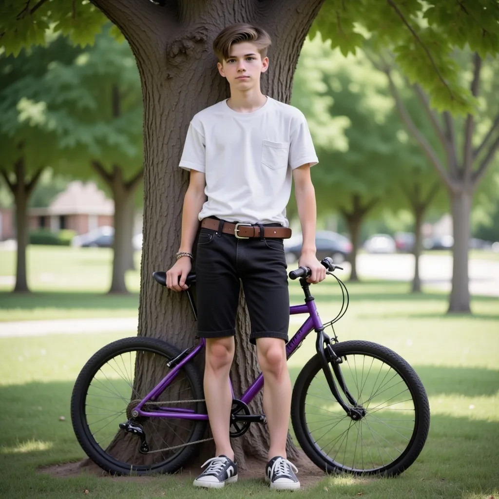 Prompt: Stand  next to his bicycle handcuffed to tree