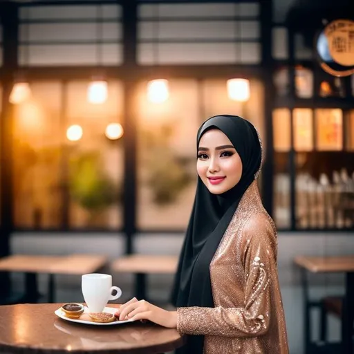 Prompt: photoshot potrait of a beautiful women wear hijab, indo face, walk in front of  coffee shop, highly detailed , high resolution, concept