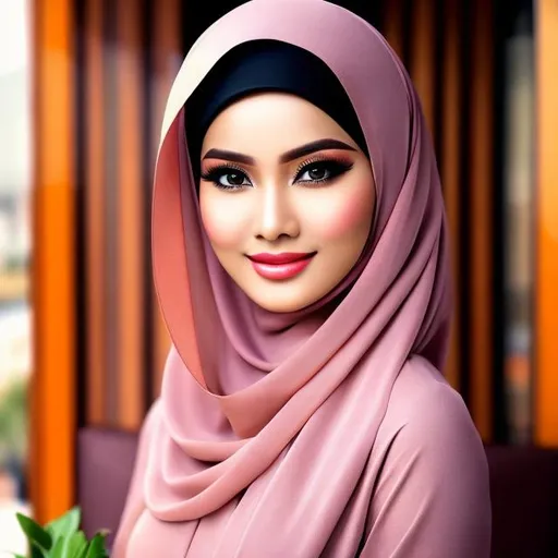 Prompt: photoshot potrait of a beautiful women wear hijab, indo face, walk in front of  coffee shop, highly detailed , high resolution, concept