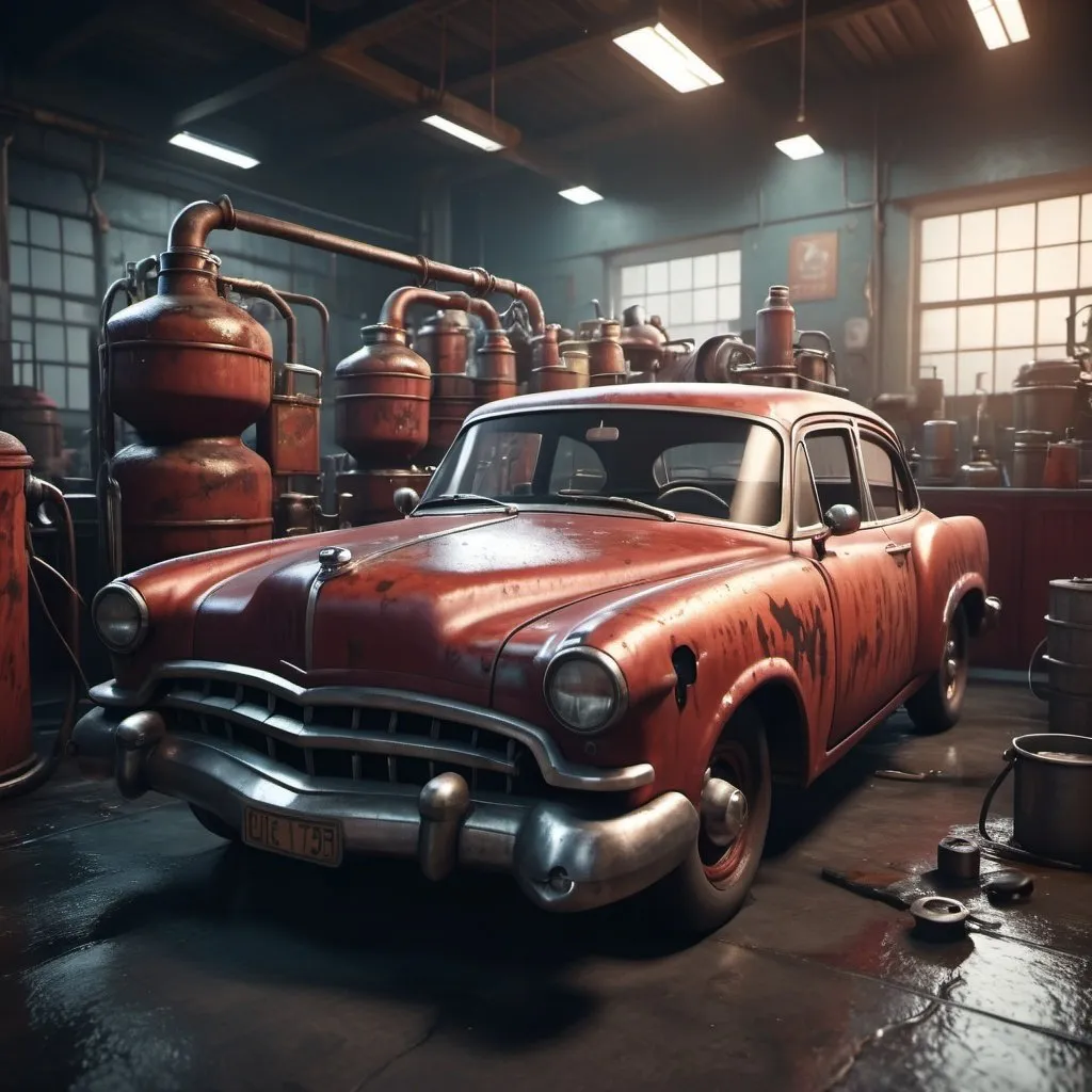 Prompt: Car  Grease factory, 3d render style, old pirate evil laugh, cinematic colors