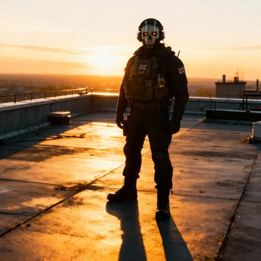 Prompt: Ghost Riley on a rooftop at dawn, golden hour light, full tactical gear. standing still, completely motionless. no movement in clothing, no wind, no breeze, no hair motion. mask tight and still, silhouette clean and stable. realistic lighting, sunrise glow on the gear. dramatic but calm atmosphere. ultra realistic, high detail, cinematic clarity. wind, breeze, hair motion, blowing hair, fluttering fabric, motion blur, moving clothes, dynamic movement, dramatic wind effects, cape motion, messy hair, loose strands, wind-blown clothing, smoke, steam, vapor, fog, glowing particles, dust, atmospheric haze, flare distortions
eyes clearly visible, soft reflected light inside the mask, subtle eye catchlight, no deep shadows in the eye sockets, mask shadows softened
realistic lighting, golden hour sunset, rooftop scene, medium shot of a soldier wearing a skull mask, eyes clearly visible with soft reflections, accurate mask proportions, clean cracks and texture, subtle catchlight in the eyes, dramatic rimlight from the sunset, cinematic shadows, extremely detailed fabric and gear, volumetric light, high dynamic range
dark eye sockets, obscured eyes, incorrect mask pattern, warped teeth, unrealistic proportions, blurry details

