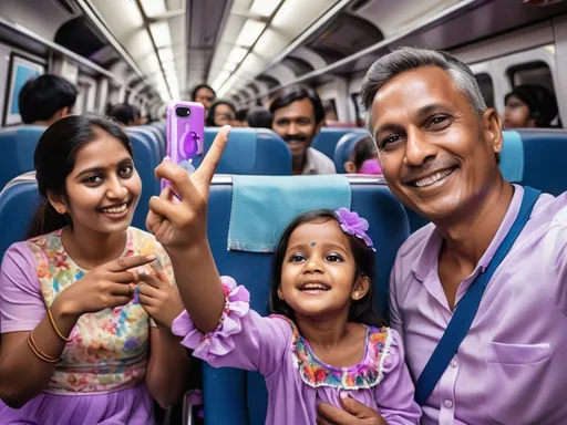 Prompt: Within the vibrant interior of a train compartment, a family radiates warmth and joy as they gather for a selfie. A woman, wearing a light purple outfit, holds a small child dressed in a colorful top, who appears joyful and lively. Beside them, an older girl flashes a peace sign, her white frilly blouse adding a touch of innocence to the moment. The room is softly illuminated, suggesting a cozy atmosphere that fosters connection, with metal and fabric surfaces contrasting against the cheerful expressions of the family members. This candid snapshot captures not just faces, but the essence of familial bonds and shared experiences during a journey.