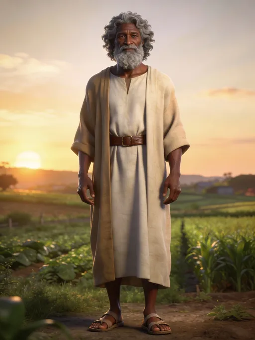 Prompt: full body shot front view of 3D art style Loving, merciful, wise
Age: 55–65
Height: Average–tall
Build: Slender but strong farmer’s body
Appearance:
Skin  brown dark
Hair: Gray, curl
Beard: Full,curl, gray-white
Long robe (earth tones: beige, cream)
Leather belt
Simple sandals
Patient
Compassionate face to viewer, background is a suitable beautiful scene